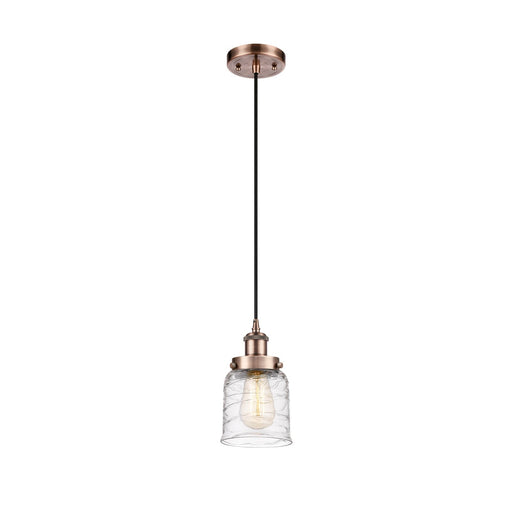 Innovations Bell 5in 1-Light Mini Pendant | Industrial Antique Copper Steel and Clear Deco Swirl Glass | Kitchen Island & | Model 916-1P-AC-G513-LED