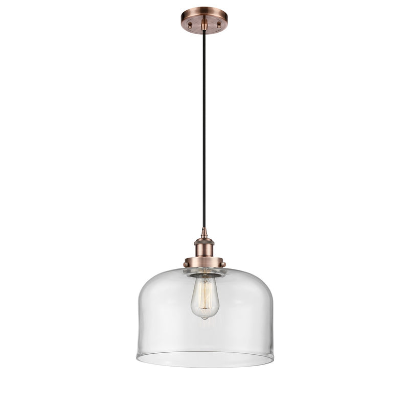 Innovations Bell 12in 1-Light Mini Pendant | Industrial Antique Copper Steel and Clear Glass | Kitchen Island & Dining Room | Model 916-1P-AC-G72-L-LED