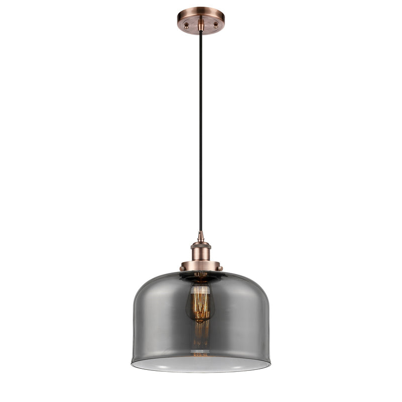 Innovations Bell 12in 1-Light Mini Pendant | Industrial Antique Copper Steel and Light Smoke Glass | Kitchen Island & Dining | Model 916-1P-AC-G73-L-LED