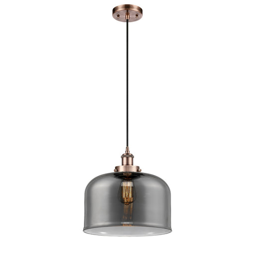 Innovations Bell 12in 1-Light Mini Pendant | Industrial Antique Copper Steel and Light Smoke Glass | Kitchen Island & Dining | Model 916-1P-AC-G73-L-LED
