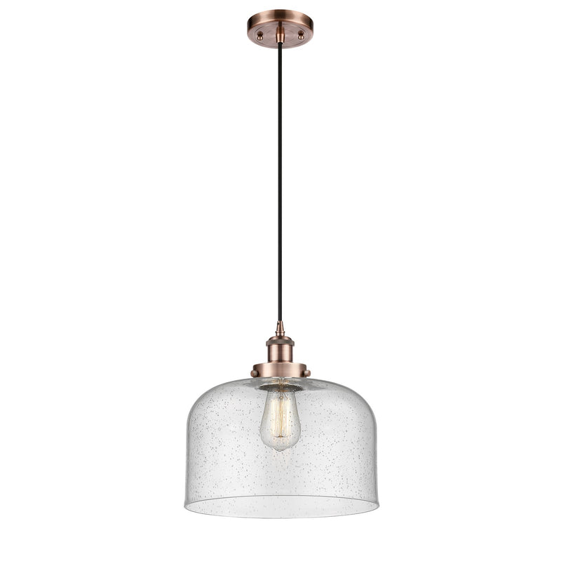 Innovations Bell 12in 1-Light Mini Pendant | Industrial Antique Copper Steel and Seedy Glass | Kitchen Island & Dining Room | Model 916-1P-AC-G74-L-LED