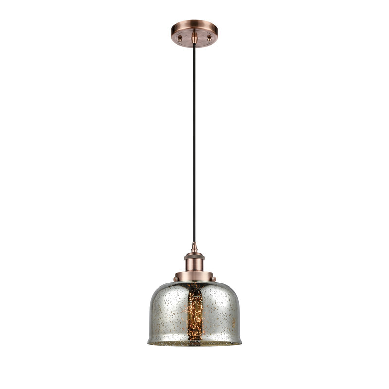 Innovations Bell 8in 1-Light Mini Pendant | Industrial Antique Copper Steel and Silver Plated Mercury Glass | Kitchen Island & | Model 916-1P-AC-G78-LED