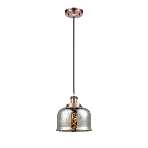 Innovations Bell 8in 1-Light Mini Pendant | Industrial Antique Copper Steel and Silver Plated Mercury Glass | Kitchen Island & | Model 916-1P-AC-G78-LED