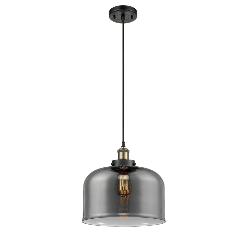 Innovations Bell 12in 1-Light Mini Pendant | Industrial Black Antique Brass Steel and Light Smoke Glass | Kitchen Island & | Model 916-1P-BAB-G73-L-LED