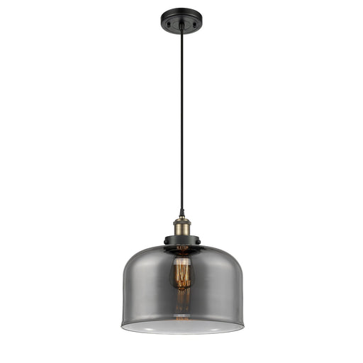 Innovations Bell 12in 1-Light Mini Pendant | Industrial Black Antique Brass Steel and Light Smoke Glass | Kitchen Island & | Model 916-1P-BAB-G73-L-LED