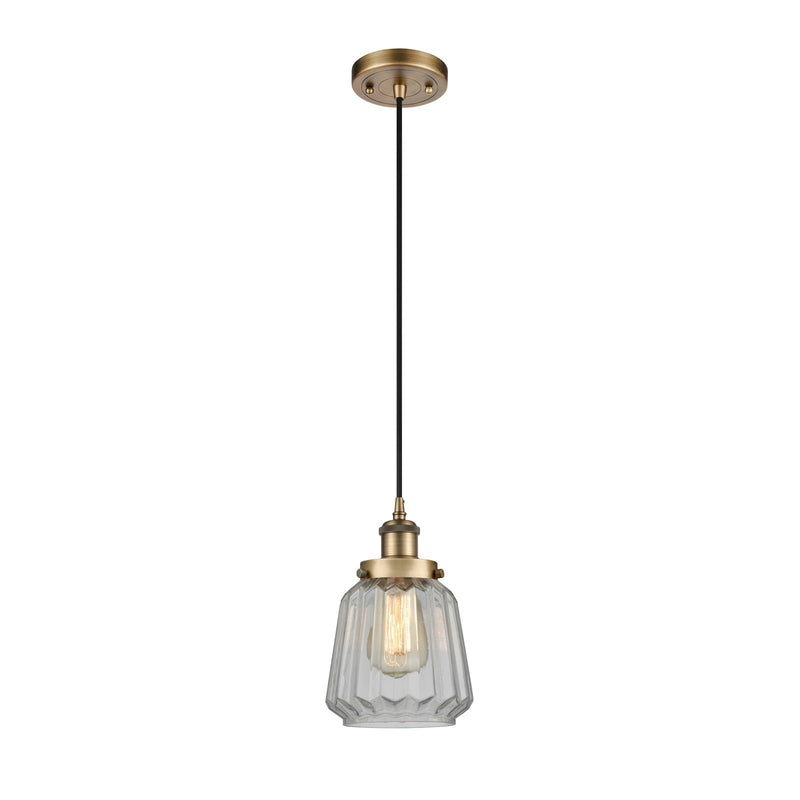 Innovations Chatham 7in 1-Light Mini Pendant | Modern Transitional Brushed Brass and Clear Ribbed Glass | Dining Room & Kitchen | Model 916-1P-BB-G142