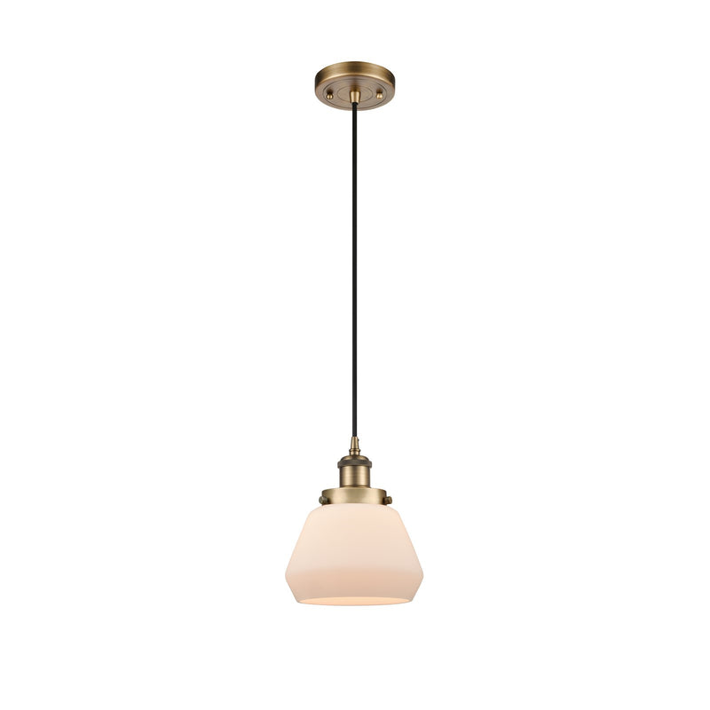 Innovations Fulton 7in 1-Light Mini Pendant | Modern Contempo Brushed Brass Steel and Matte White Frosted Glass | Kitchen Island & | Model 916-1P-BB-G171
