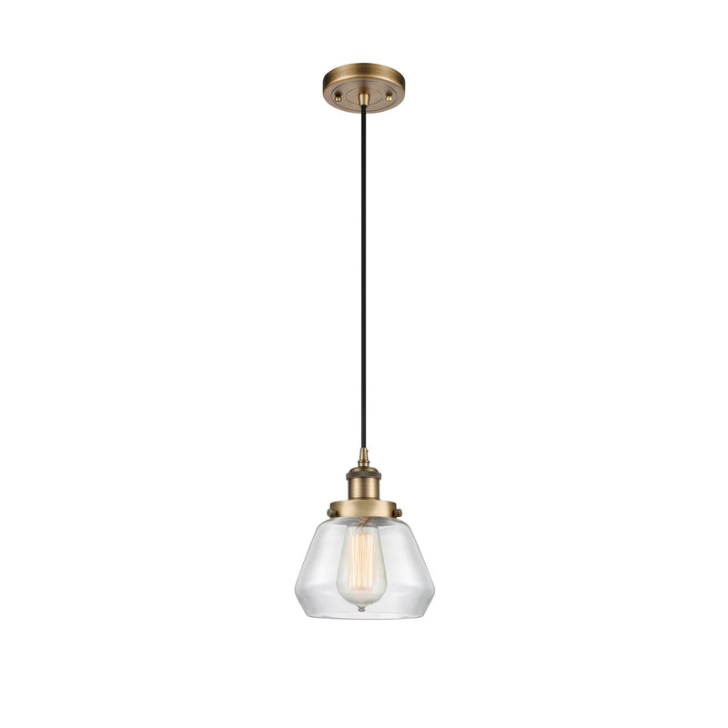 Innovations Fulton 7in 1-Light Mini Pendant | Modern Contempo Brushed Brass Steel and Clear Glass | Kitchen Island & Dining Room | Model 916-1P-BB-G172