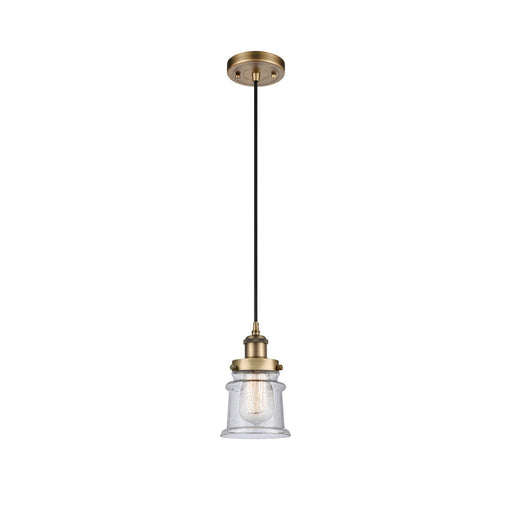Innovations Canton 5.25in 1-Light Mini Pendant | Modern Contempo Brushed Brass Steel and Seedy Glass | Kitchen Island & Dining | Model 916-1P-BB-G184S
