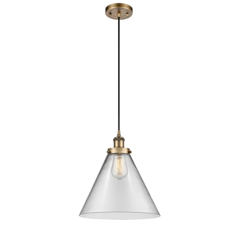 Innovations Cone 12in 1-Light Mini Pendant | Industrial Brushed Brass and Clear Glass | Kitchen Island & Dining Room | Model 916-1P-BB-G42-L-LED