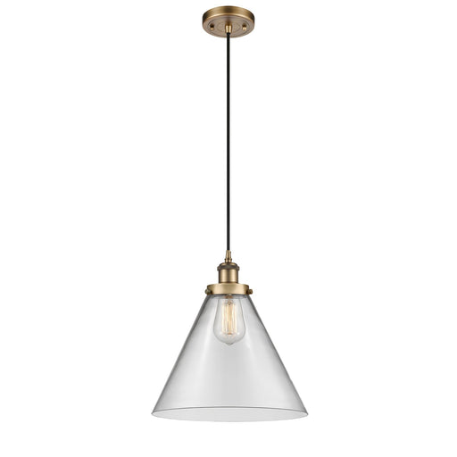 Innovations Cone 12in 1-Light Mini Pendant | Industrial Brushed Brass and Clear Glass | Kitchen Island & Dining Room | Model 916-1P-BB-G42-L-LED