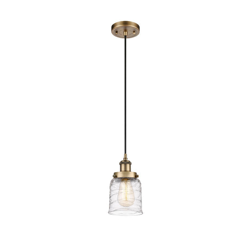 Innovations Bell 5in 1-Light Mini Pendant | Industrial Brushed Brass and Clear Deco Swirl Glass | Kitchen Island & Dining Room | Model 916-1P-BB-G513-LED