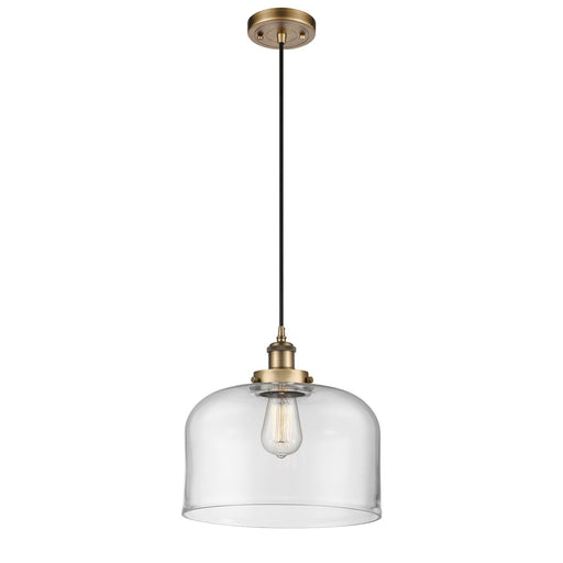 Innovations Bell 12in 1-Light Mini Pendant | Industrial Brushed Brass Steel and Clear Glass | Kitchen Island & Dining Room | Model 916-1P-BB-G72-L-LED