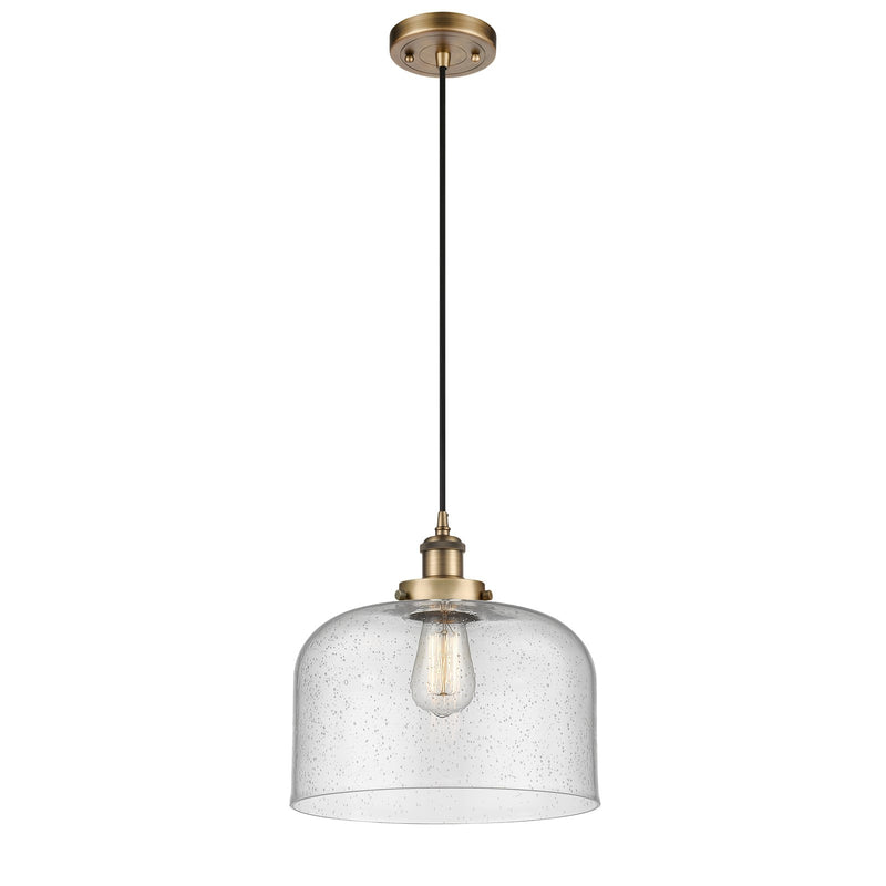 Innovations Bell 12in 1-Light Mini Pendant | Industrial Brushed Brass Steel and Seedy Glass | Kitchen Island & Dining Room | Model 916-1P-BB-G74-L-LED