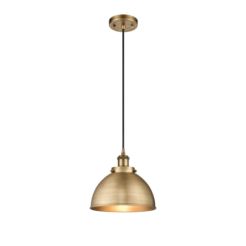 Innovations Derby 10in 1-Light Mini Pendant | Industrial Brushed Brass Metal Dome Shade | Kitchen Island & Dining Room | Model 916-1P-BB-MFD-10-BB