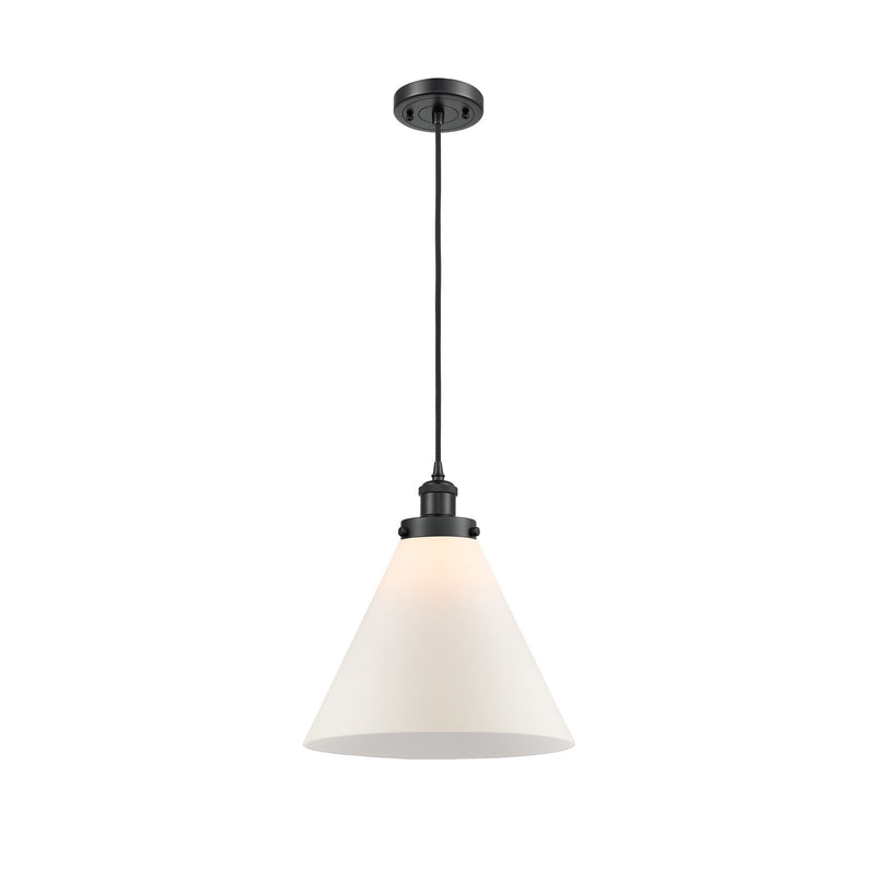 Innovations Cone 12in 1-Light Mini Pendant | Industrial Modern Matte Black Steel and Matte White Frosted Glass | Kitchen Island & | Model 916-1P-BK-G41-L