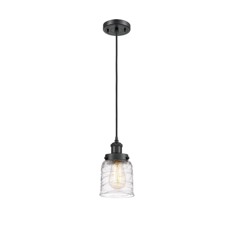 Innovations Bell 5in 1-Light LED Mini Pendant | Industrial Matte Black Steel and Clear Deco Swirl Glass | Kitchen Island & | Model 916-1P-BK-G513-LED