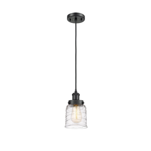Innovations Bell 5in 1-Light LED Mini Pendant | Industrial Matte Black Steel and Clear Deco Swirl Glass | Kitchen Island & | Model 916-1P-BK-G513-LED