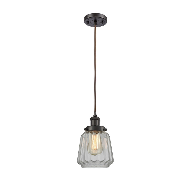Innovations Chatham 7in 1-Light Mini Pendant | Modern Transitional Oil Rubbed Bronze Steel and Clear Ribbed Glass | Kitchen Island | Model 916-1P-OB-G142