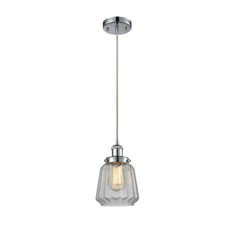 Innovations Chatham 7in 1-Light Mini Pendant | Modern Transitional Polished Chrome Steel and Clear Ribbed Glass | Kitchen Island & | Model 916-1P-PC-G142