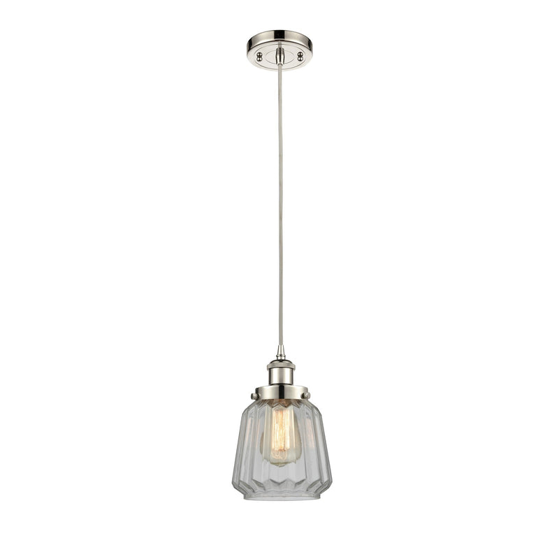 Innovations Chatham 7in 1-Light Mini Pendant | Modern Transitional Polished Nickel Steel and Clear Ribbed Glass | Kitchen Island & | Model 916-1P-PN-G142