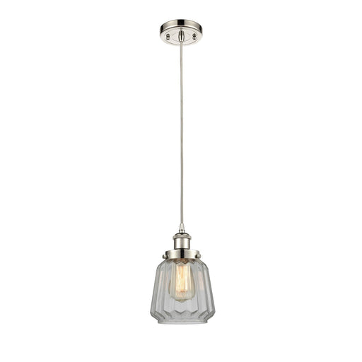 Innovations Chatham 7in 1-Light Mini Pendant | Modern Transitional Polished Nickel Steel and Clear Ribbed Glass | Kitchen Island & | Model 916-1P-PN-G142