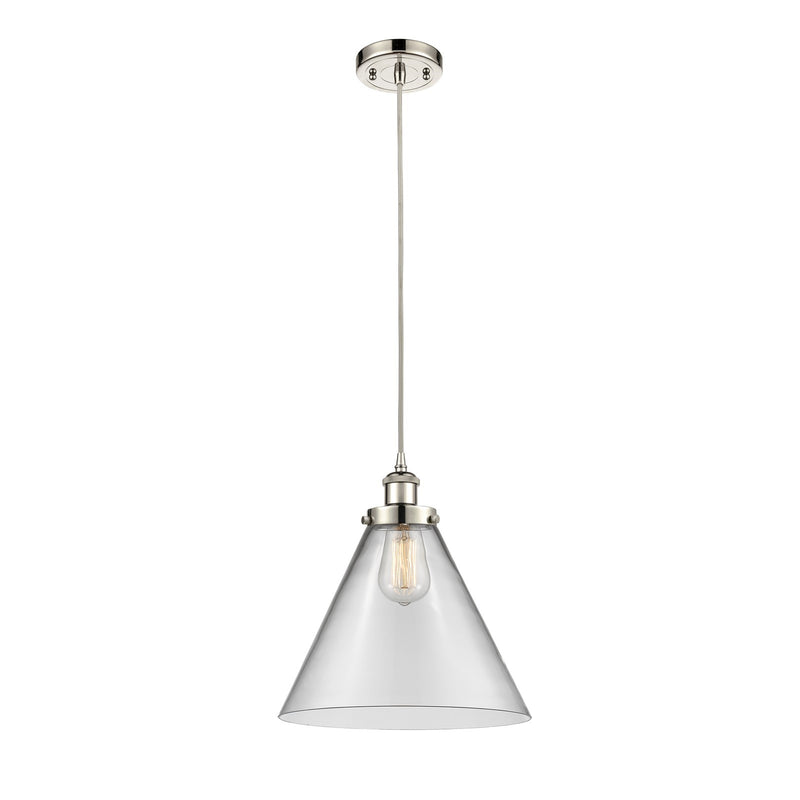 Innovations Cone 11.75in 1-Light Mini Pendant | Industrial Polished Nickel Steel and Clear Transparent Glass | Kitchen Island | Model 916-1P-PN-G42-L-LED