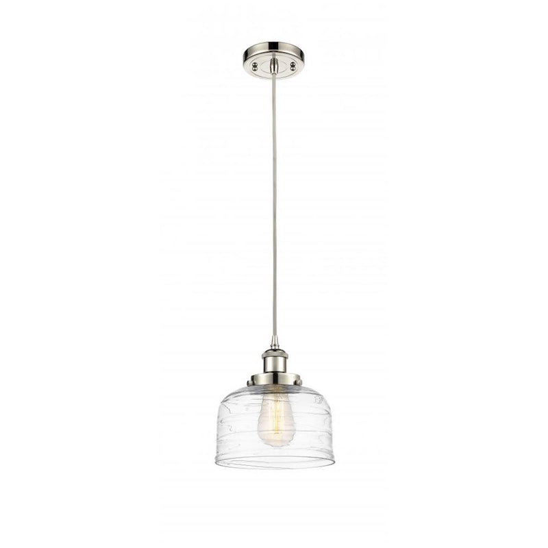 Innovations Ballston Urban Bell 12in 1-Light Mini Pendant | Industrial Polished Nickel and Clear Deco Swirl Glass | Kitchen | Model 916-1P-PN-G713-L