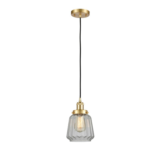 Innovations Chatham 7in 1-Light Mini Pendant | Modern Transitional Satin Gold Steel and Cast Brass with Clear Ribbed Glass Shade | Model 916-1P-SG-G142
