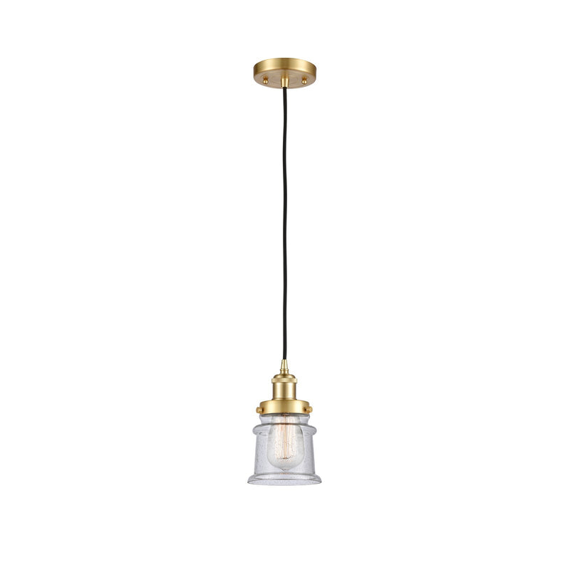 Innovations Canton 5.25in 1-Light Mini Pendant | Satin Gold Steel and Seedy Schoolhouse Glass | Kitchen Island & Dining Room | Model 916-1P-SG-G184S