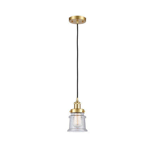 Innovations Canton 5.25in 1-Light Mini Pendant | Satin Gold Steel and Seedy Schoolhouse Glass | Kitchen Island & Dining Room | Model 916-1P-SG-G184S