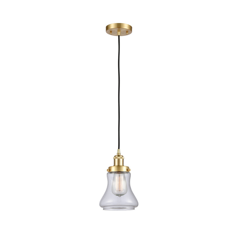 Innovations Bellmont 6.125in 1-Light Mini Pendant | Satin Gold Steel and Clear Schoolhouse Glass | Kitchen Island & Dining Room | Model 916-1P-SG-G192