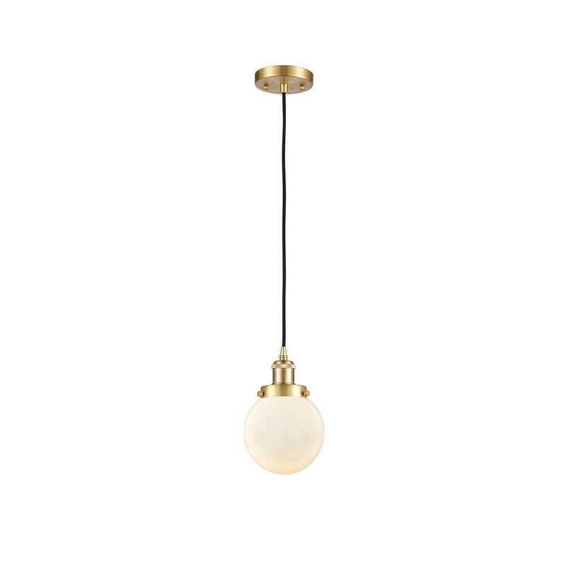 Innovations Beacon 6in 1-Light Mini Pendant | Satin Gold Steel and Matte White Frosted Glass | Kitchen Island & Dining Room | Model 916-1P-SG-G201-6