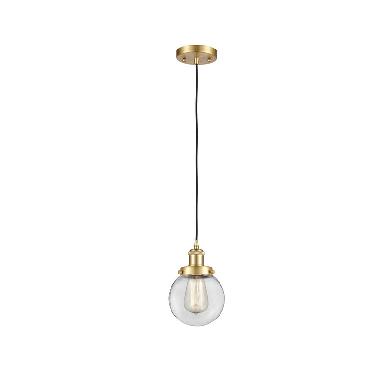 Innovations Beacon 6in 1-Light Mini Pendant | Satin Gold Steel and Clear Glass | Kitchen Island & Dining Room | 6 x 6 x 9 in | Model 916-1P-SG-G202-6