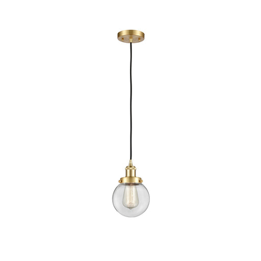 Innovations Beacon 6in 1-Light Mini Pendant | Satin Gold Steel and Clear Glass | Kitchen Island & Dining Room | 6 x 6 x 9 in | Model 916-1P-SG-G202-6