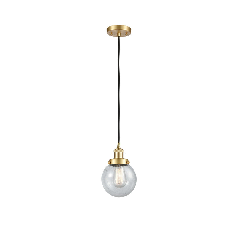 Innovations Beacon 6in 1-Light Mini Pendant | Modern Satin Gold Steel and Seedy Glass | Kitchen Island & Dining Room | Model 916-1P-SG-G204-6