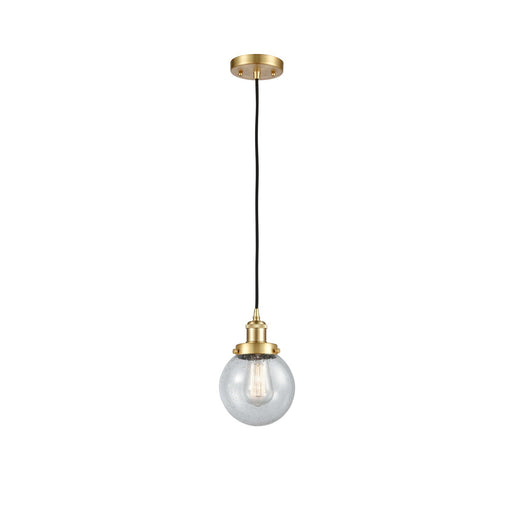 Innovations Beacon 6in 1-Light Mini Pendant | Modern Satin Gold Steel and Seedy Glass | Kitchen Island & Dining Room | Model 916-1P-SG-G204-6