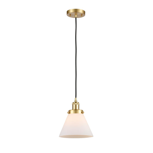 Innovations Cone 8in 1-Light Mini Pendant | Industrial Satin Gold Steel and Matte White Frosted Glass | Kitchen Island & Dining Room | Model 916-1P-SG-G41