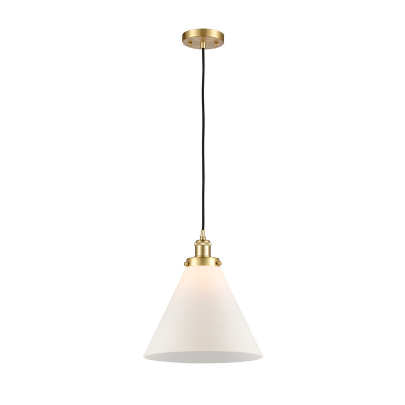 Innovations Cone 11.75in 1-Light Mini Pendant | Industrial Satin Gold Steel and Matte White Frosted Glass | Kitchen Island & | Model 916-1P-SG-G41-L