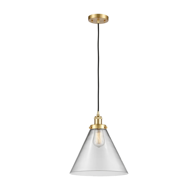 Innovations Cone 12in 1-Light Mini Pendant | Industrial Satin Gold Steel and Clear Glass | Kitchen Island & Dining Room | Model 916-1P-SG-G42-L