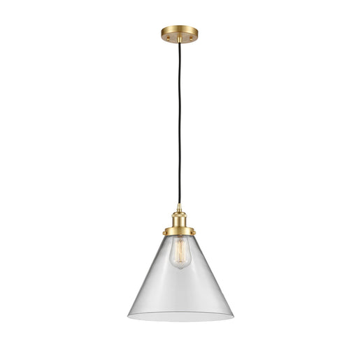 Innovations Cone 12in 1-Light Mini Pendant | Industrial Satin Gold Steel and Clear Glass | Kitchen Island & Dining Room | Model 916-1P-SG-G42-L