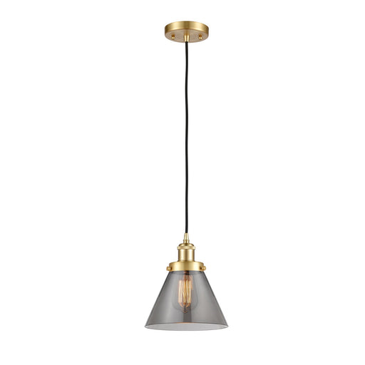 Innovations Cone 8in 1-Light Mini Pendant | Industrial Satin Gold Steel and Light Smoke Glass | Kitchen Island & Dining Room | Model 916-1P-SG-G43