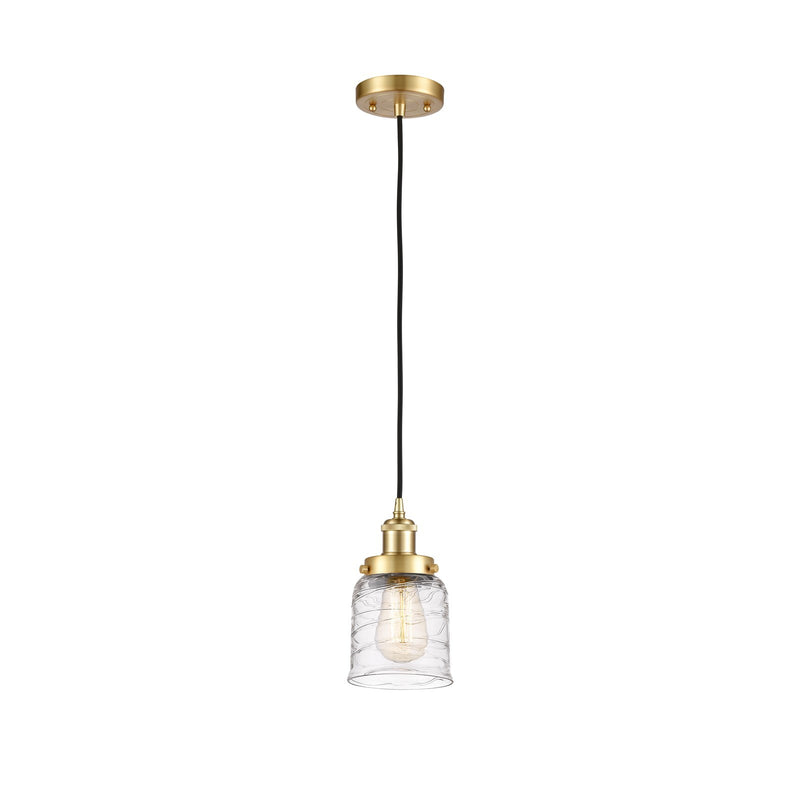 Innovations Bell 5in 1-Light Mini Pendant | Industrial Satin Gold Steel and Clear Deco Swirl Glass | Kitchen Island & Dining Room | Model 916-1P-SG-G513