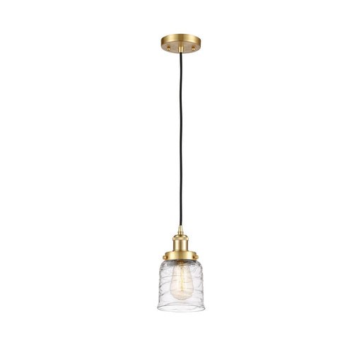 Innovations Bell 5in 1-Light Mini Pendant | Industrial Satin Gold Steel and Clear Deco Swirl Glass | Kitchen Island & Dining Room | Model 916-1P-SG-G513