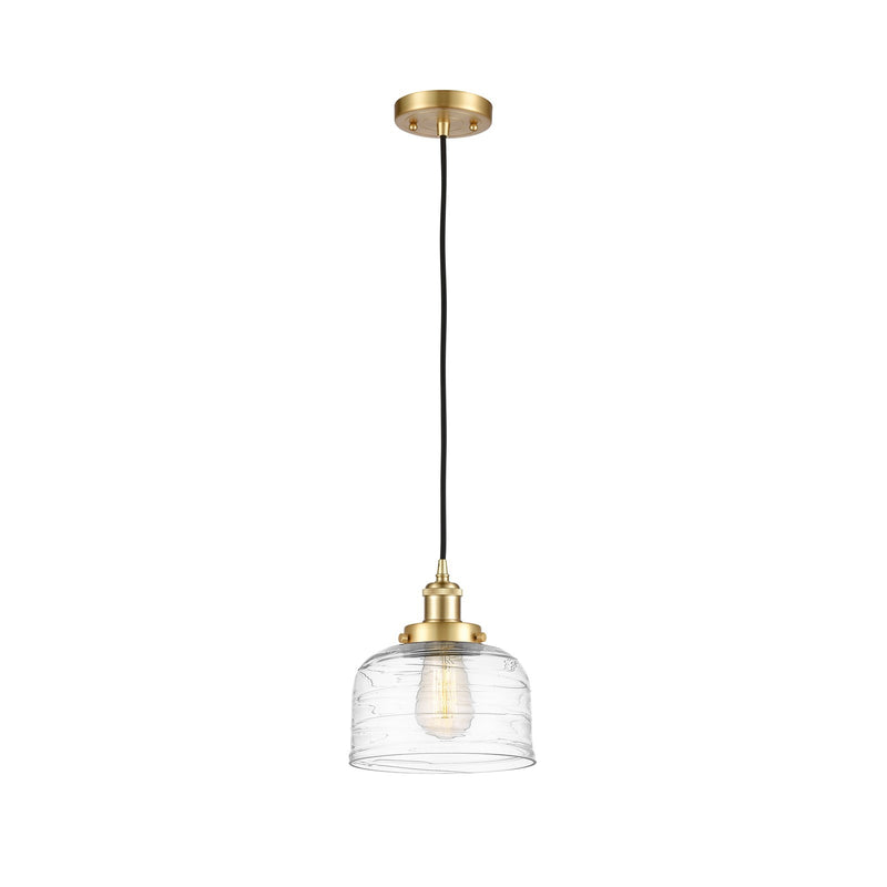 Innovations Bell 8in 1-Light Mini Pendant | Industrial Satin Gold Steel and Clear Deco Swirl Glass | Kitchen Island & Dining Room | Model 916-1P-SG-G713