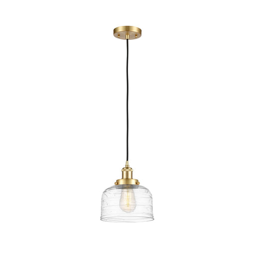 Innovations Bell 8in 1-Light Mini Pendant | Industrial Satin Gold Steel and Clear Deco Swirl Glass | Kitchen Island & Dining Room | Model 916-1P-SG-G713