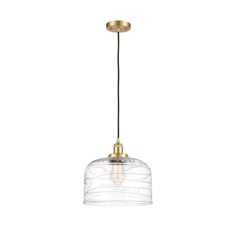 Innovations Bell 12in 1-Light Mini Pendant | Industrial Satin Gold Steel and Clear Deco Swirl Glass | Kitchen Island & Dining | Model 916-1P-SG-G713-L