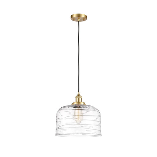 Innovations Bell 12in 1-Light Mini Pendant | Industrial Satin Gold Steel and Clear Deco Swirl Glass | Kitchen Island & Dining | Model 916-1P-SG-G713-L