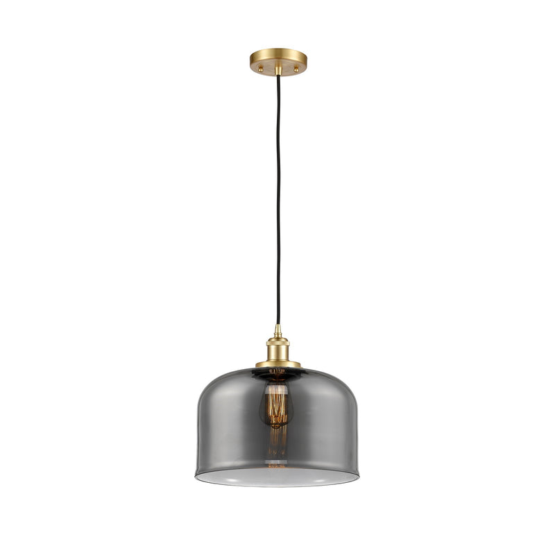 Innovations Bell 12in 1-Light Mini Pendant | Industrial Satin Gold Steel and Light Smoke Glass | Kitchen Island & Dining Room | Model 916-1P-SG-G73-L