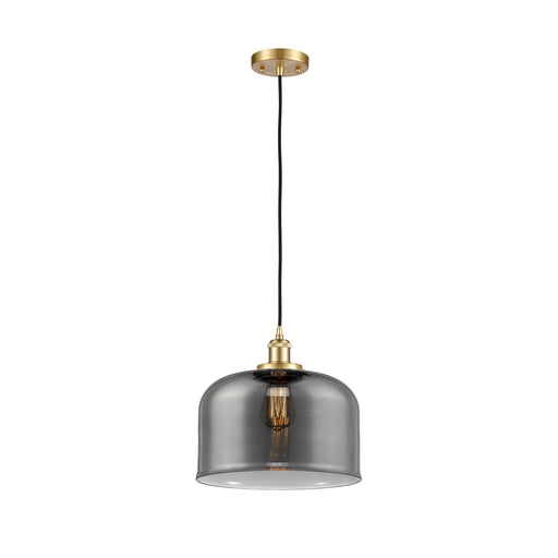 Innovations Bell 12in 1-Light Mini Pendant | Industrial Satin Gold Steel and Light Smoke Glass | Kitchen Island & Dining Room | Model 916-1P-SG-G73-L